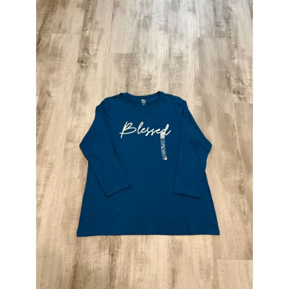 Kim Rogers Turquoise Blue BLESSED 3/4 Sleeve Women's Top Size XL